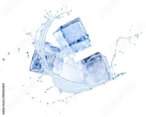 Ice cubes and splash of water in air on white background