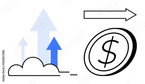 Economic growth, financial success, business strategy, revenue increase, cloud technology, online transactions. Arrows rising from a cloud and a dollar symbol. Economic growth and financial success