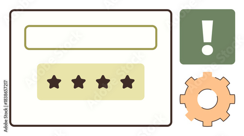 Login field, password entry with stars, warning exclamation mark, gear icon for settings. Ideal for security, authentication, web apps, user interface settings programming warning visuals. Simple