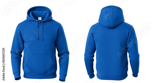 Blue hooded sweatshirt with front pocket and drawstring front and back view 3D render hoodie blue hoodie isolated on a transparent background