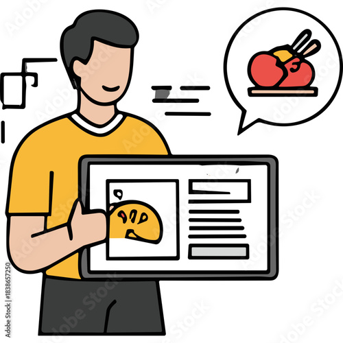Man Holding Tablet Showing Food Ordering App with Roasted Chicken Icon and Text Content on Screen with Speech Bubble of Food Offering