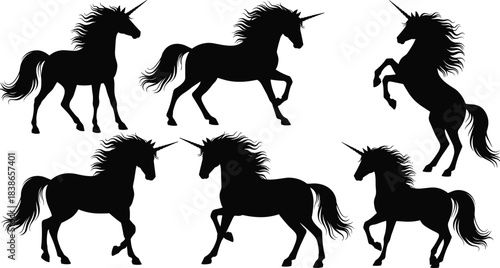 High-Quality Vector Illustration Set of Magical Unicorn Silhouettes, Mythical Horse with Horn, Fantasy Creature Collection for Logo, Icon, or Design Elements, Black Shapes Isolated, Running Poses.