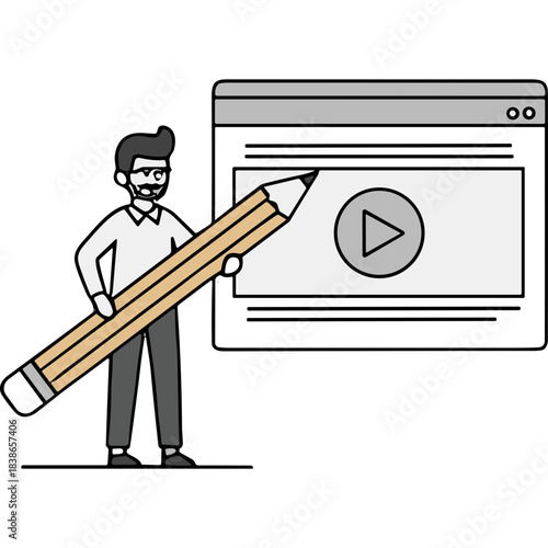 Man Holding Giant Pencil Stands Next To Web Browser Window Showing Play Button For Online Video Content Creation And Digital Media Production
