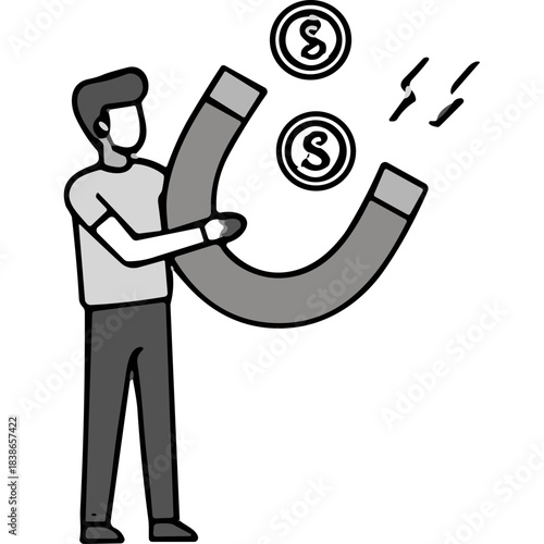 Man Holding Large Horseshoe Magnet Attracting Coins Money Symbolizing Financial Success Investment Growth and Wealth Accumulation Business Concept