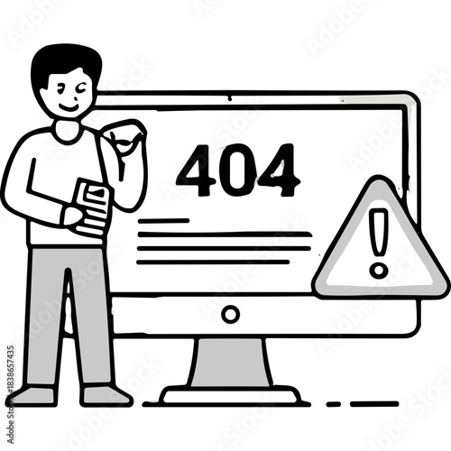 Man Holding Papers Standing Next To Computer Showing Error Message And Warning Sign Flat Illustration Vector Art