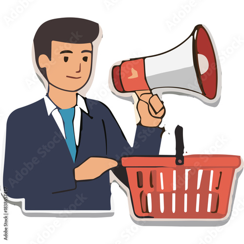 Man Holding Megaphone Near Shopping Basket Announcing Sales Promotion Event for Marketing Campaign with Simple Flat Design Style on Transparent Background