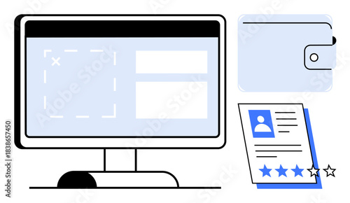 Desktop screen with user interface, wallet image,-rated profile sheet. Ideal for e-commerce, profile management, HR solutions, financial tools, user experience, digital services simple flat metaphor