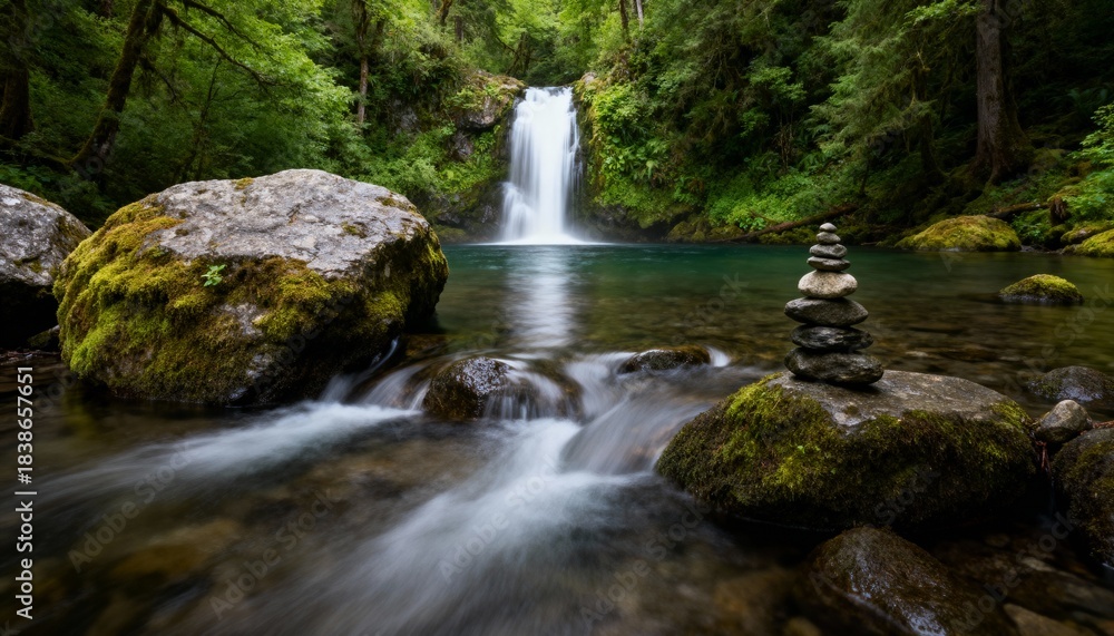 Fototapeta premium Serene waterfall in lush green forest with stacked stones