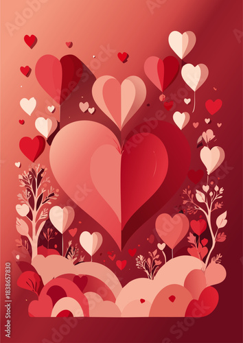 Coeurs rouges en apesanteur au-dessus d’un décor végétal graphique, Généré par IA.