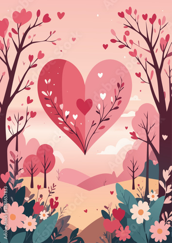 Grand cœur rouge s’élevant dans un paysage de lac au coucher du soleil, Généré par IA.