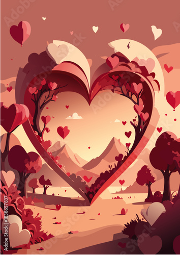Grand cœur formant une arche au-dessus d’un chemin vers les montagnes, Généré par IA.