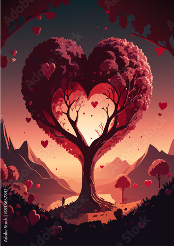 Arbre en forme de cœur dominant une vallée au soleil couchant, Généré par IA.