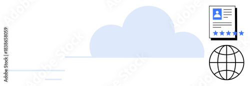 Cloud graphic paired with a global icon and user profile with star ratings. Ideal for cloud services, online reputation, global networking, digital identity, user feedback, internet connectivity