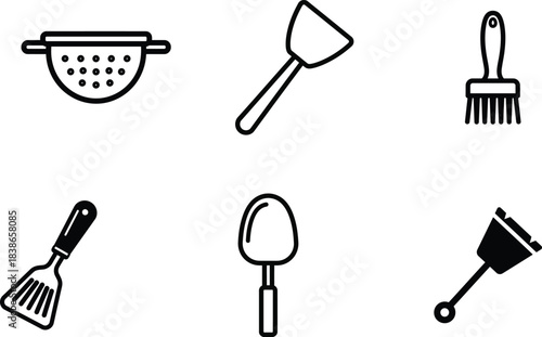 A comprehensive collection of essential cooking and baking kitchen utensils presented as clear black