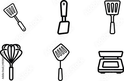 A comprehensive collection of essential cooking kitchen utensils and baking equipment line art icons