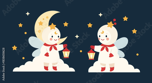Two adorable moon and star fairies holding lanterns on a cloud.