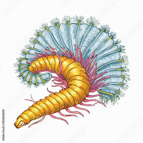 Illustration of a yellow polychaete marine worm with pink legs and a blue fan-like appendage, isolated on a white background for aquatic nature design.