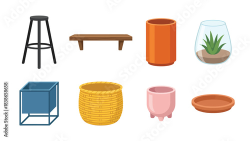 Collection of Home Decor Objects Stool Shelf Pots Terrarium Basket for Interior Design