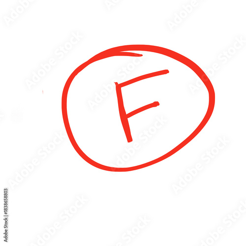 Exam score grade result F, hand drawn doodle test grade F isolated on transparent background