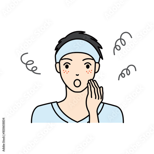 Man surprised and worried about skin problems such as acne and freckles