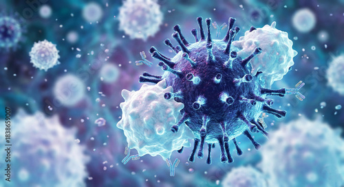 Schilderij op canvas 3D Illustration of Immune System Antibodies Attacking Virus Cells