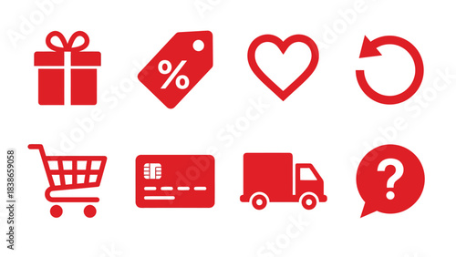 Set of Red Shopping and E commerce Icons for Online Retail Customer Service and Sales Concepts