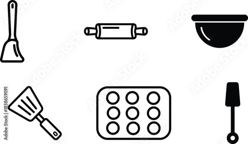 A comprehensive collection of essential kitchen baking tools and utensils presented as clean