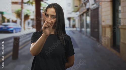 Wallpaper Mural Woman points finger toward camera on a narrow city street, bare hand raised and casual black t shirt visible; contemplation. Torontodigital.ca