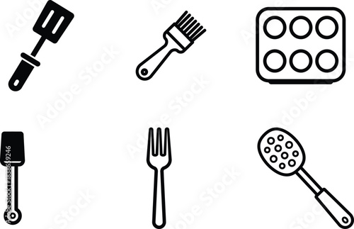 A comprehensive collection of essential kitchen cooking and baking utensils depicted as simple
