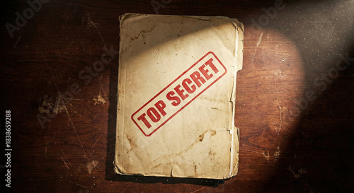 Foto Top Secret Stamped Old File Folder on Wooden Desk