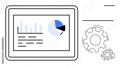 Data analysis, business operations, process management, software development, workflow automation, productivity tools. Tablet screen showing charts and text with gears. Data analysis and business