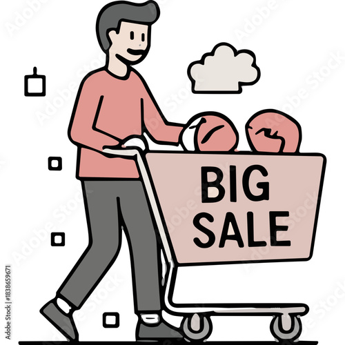Man Pushing Shopping Cart Filled With Items Advertises Big Sale Event In Simple Flat Illustration Style