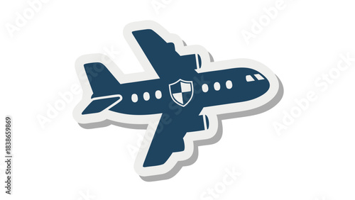 Dark Blue Airplane Silhouette Featuring a White Shield Emblem with a Checkered Pattern Inside Against a Plain Black Background with White Border Highlights Indicating Travel Safety and Security