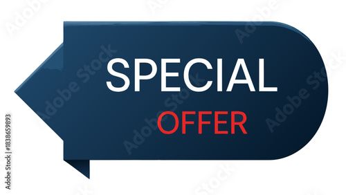 Dark Blue Arrow Shaped Banner with White Text Special and Red Text Offer Against Black Background