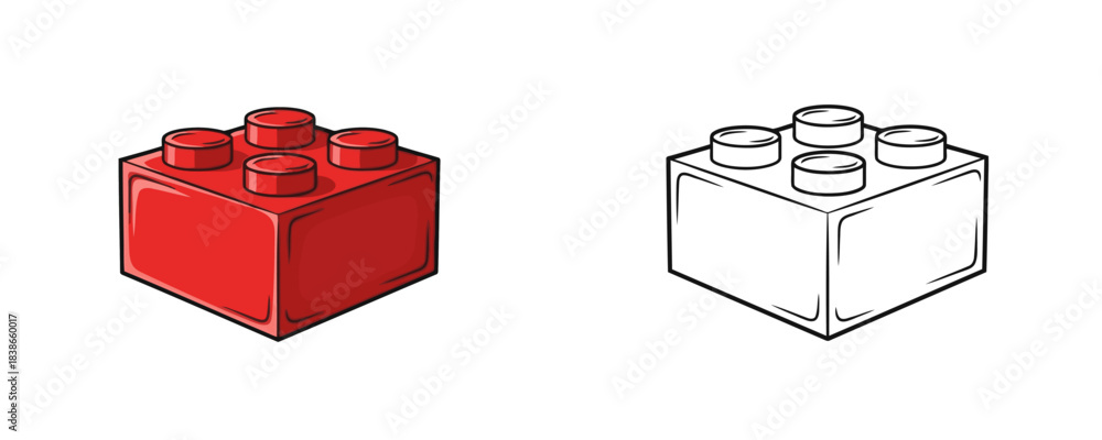 Fototapeta premium Cute cartoon style illustration of a single red interlocking plastic building block toy shown in full color and as a black and white outline