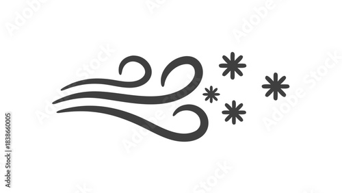 Dark Gray Swirling Wind Gusts with Snowflakes on Black Background Representing Winter Weather and Cold Climate Elements