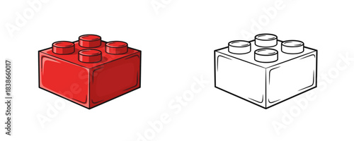 Cute cartoon style illustration of a single red interlocking plastic building block toy shown in full color and as a black and white outline