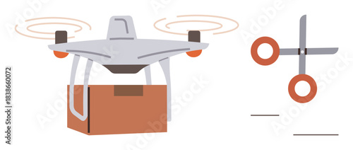 quadcopter carrying a package alongside scissors cutting dotted lines, suggesting efficient delivery and creative problem-solving. Ideal for technology, logistics, e-commerce, efficiency, automation