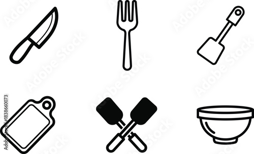 A comprehensive collection of essential kitchen cooking and dining utensils presented as simpl