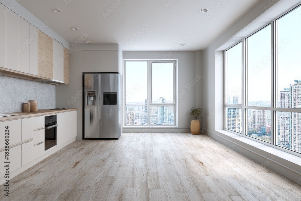 Fototapeta premium Modern kitchen with large windows and city view.