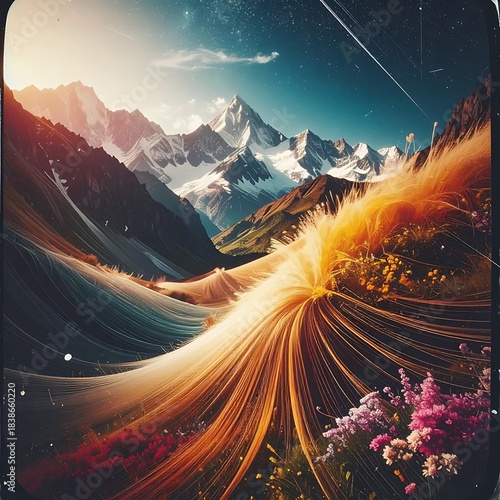 Majestic snowy mountain range with vibrant flowing valley and colorful wildflowers on a sunny, bright day