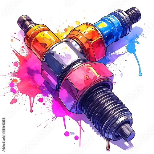 Artistic arrangement of three stylized spark plugs with vivid watercolor splashes creating a vibrant and colorful effect