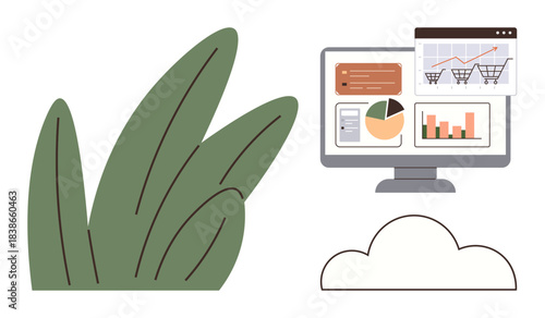 Computer monitor displaying charts, graphs, and shopping analytics. Cloud icon and leaf nearby. Ideal for e-commerce, sustainability, analytics, growth remote work tech eco-friendly themes. A