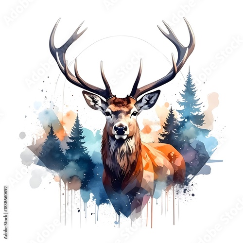 Majestic stag portrait amidst abstract watercolor trees and geometric shapes, against a clean white background