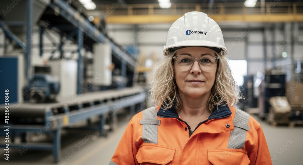 Fototapeta premium Woman in Orange Overalls and White Hard Hat Standing in Industrial Setting with Conveyor Belt and Metal Structures and Focused Gaze