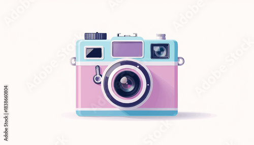 Cute vintage-style film camera illustration in pastel pink, purple, and blue colors, with a stylized shadow, on a light background.