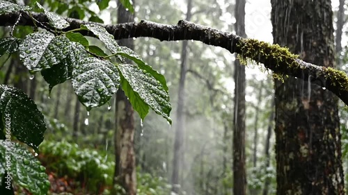 Close-up of rain-covered leaves, tree branch, and moss against a blurred forest backdrop