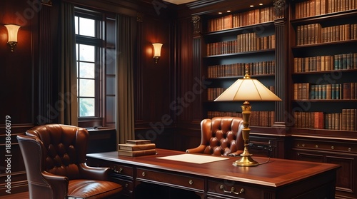 Luxurious Classic Executive Office Interior Featuring Rich Dark Wood Paneling, Floor-to-Ceiling Bookshelves, and Elegant Leather Armchairs