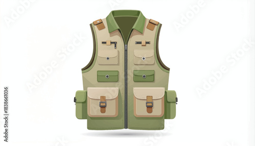 Illustrated light green or khaki utility vest or fishing vest with multiple pockets and zippers for outdoor activities, travel, and adventure, on a white background.