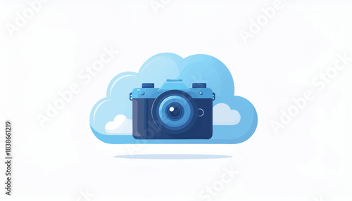 Cloud storage for photography and digital images, represented by a camera floating in a stylized blue cloud with smaller clouds around it.